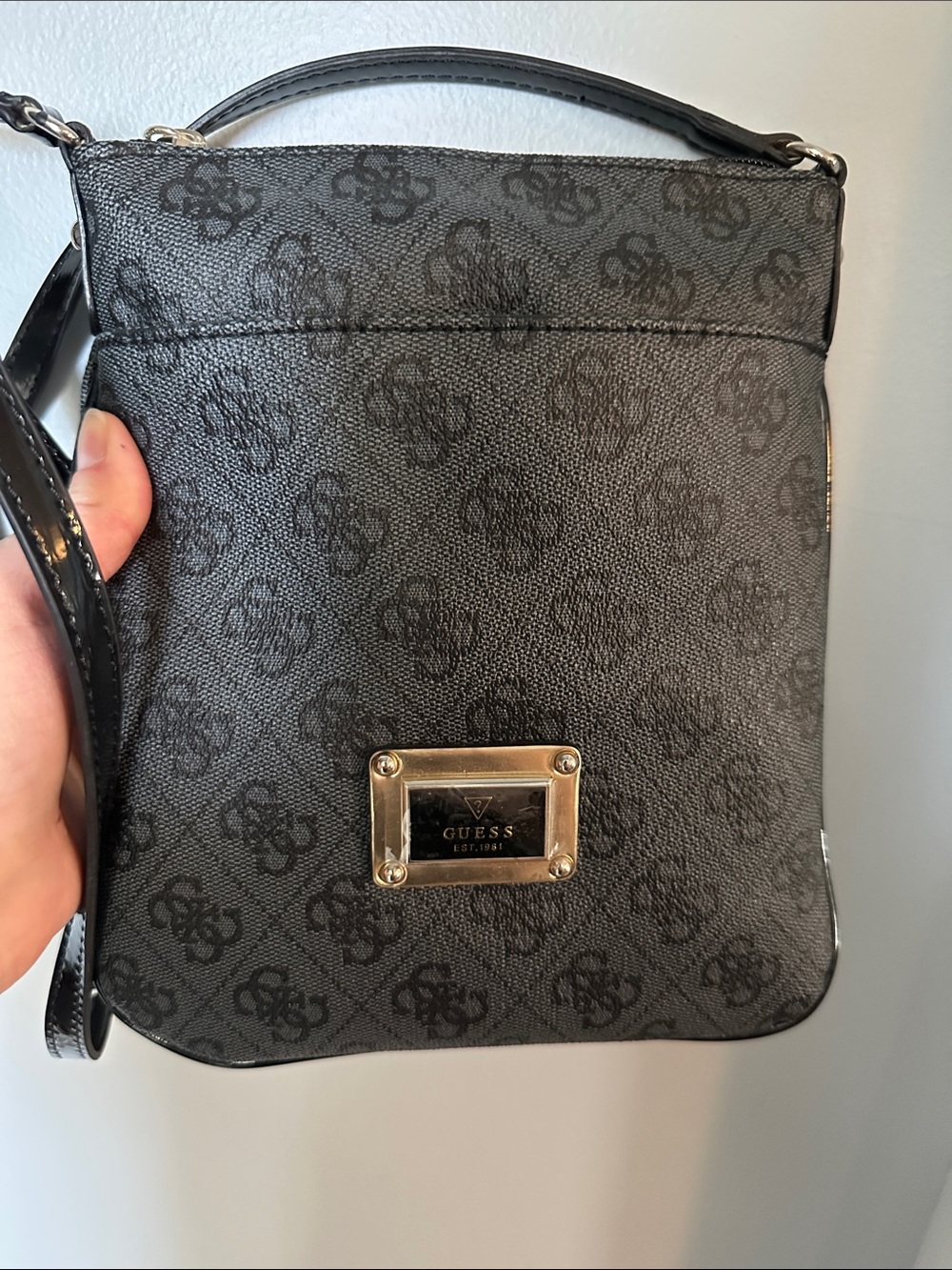 Guess Black Logo-Print Crossbody with Gold Plaque